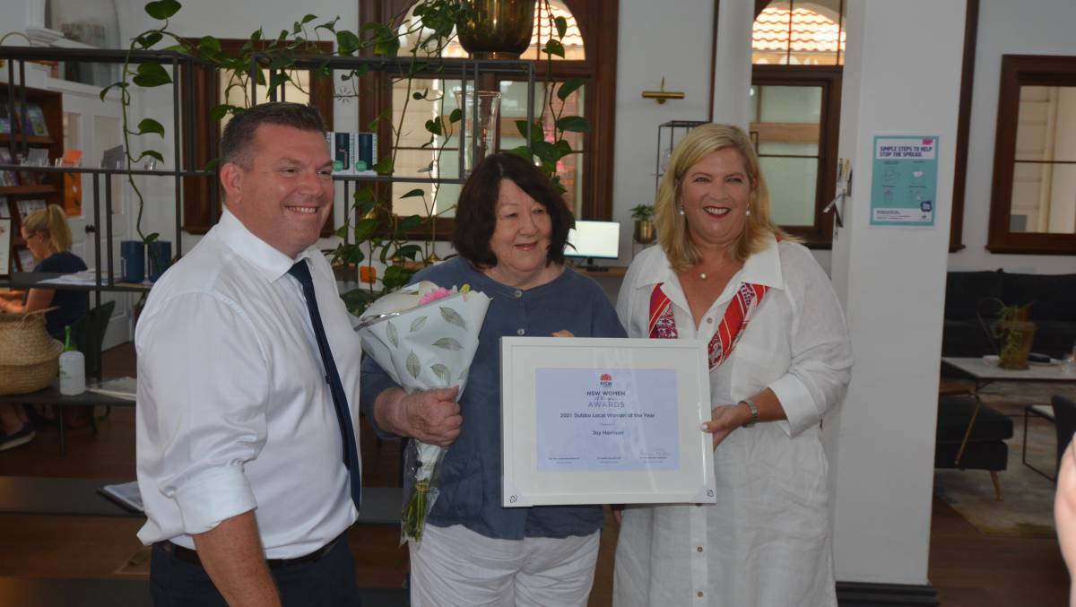 WOMAN OF THE YEAR: Member for Dubbo Dugald Saunders, Woman of the Year Joy Harrison and Minister for Women Bronnie Taylor. Photo: TOM BARBER