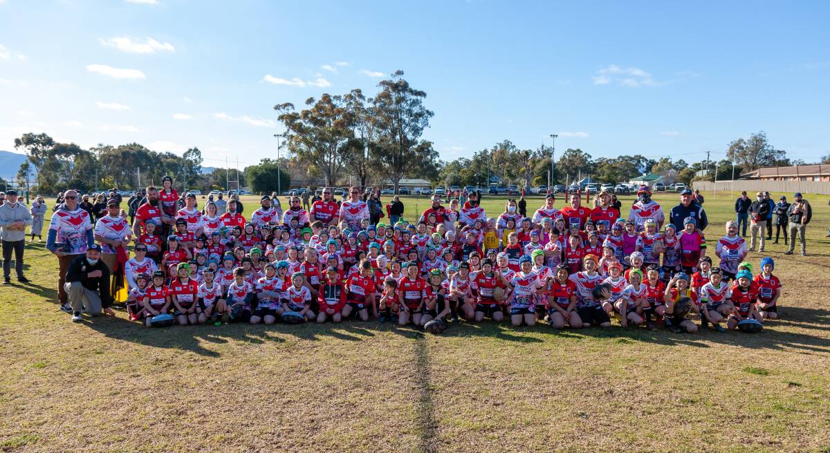 HAPPY AS: The Mudgee Junior Rugby League minis pictured with their Indigenous Round jerseys on Saturday, August 7. Photo: Sally Taylor Photography