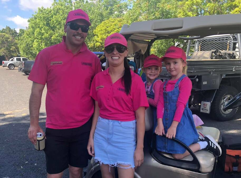 GETTING PINK: 22 teams, including Adam Piper, his sister Ali Pilley and the Pilley children, attended this year's Pink Up Mudgee golf day that saw just over $16,000 raised for the McGrath Foundation. Photo: Pink Up Mudgee Facebook page