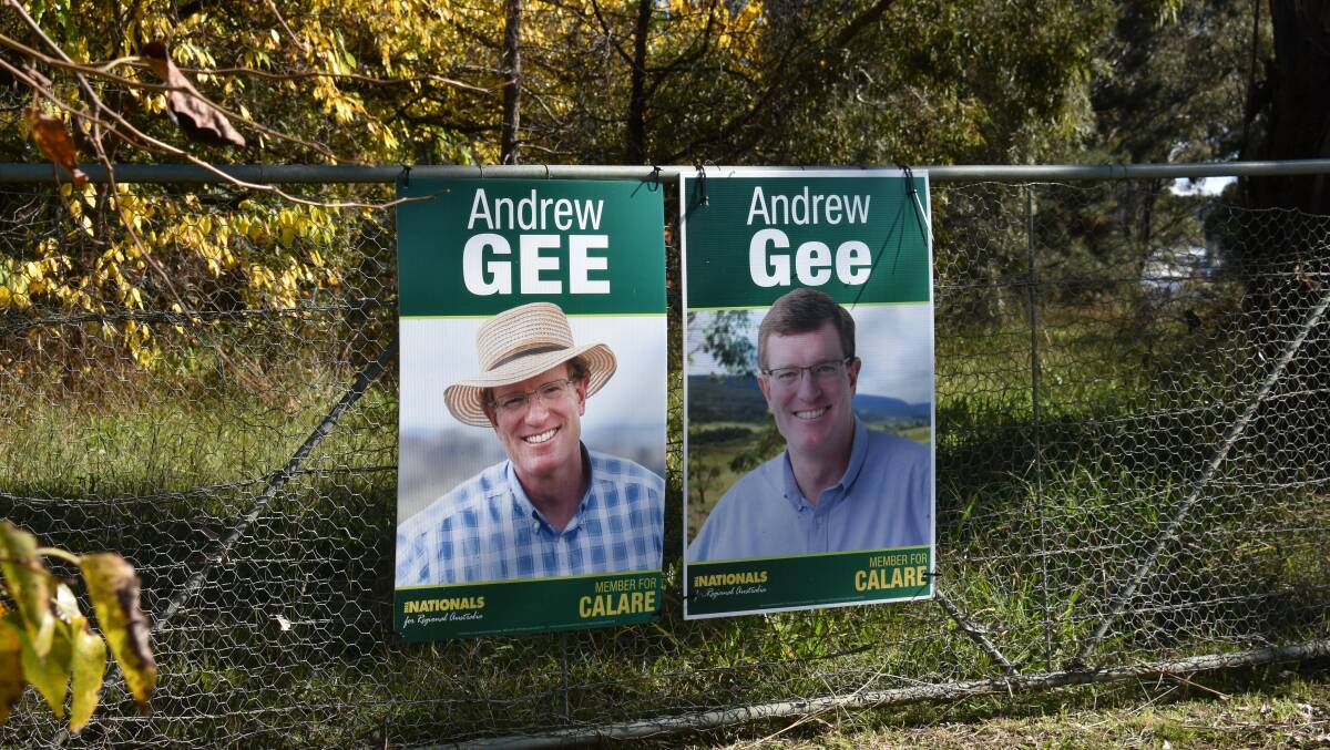 Election campaign posters for Nationals Calare candidate, Andrew Gee hung on a private fence outside of Mudgee. Picture: Jay-Anna Mobbs