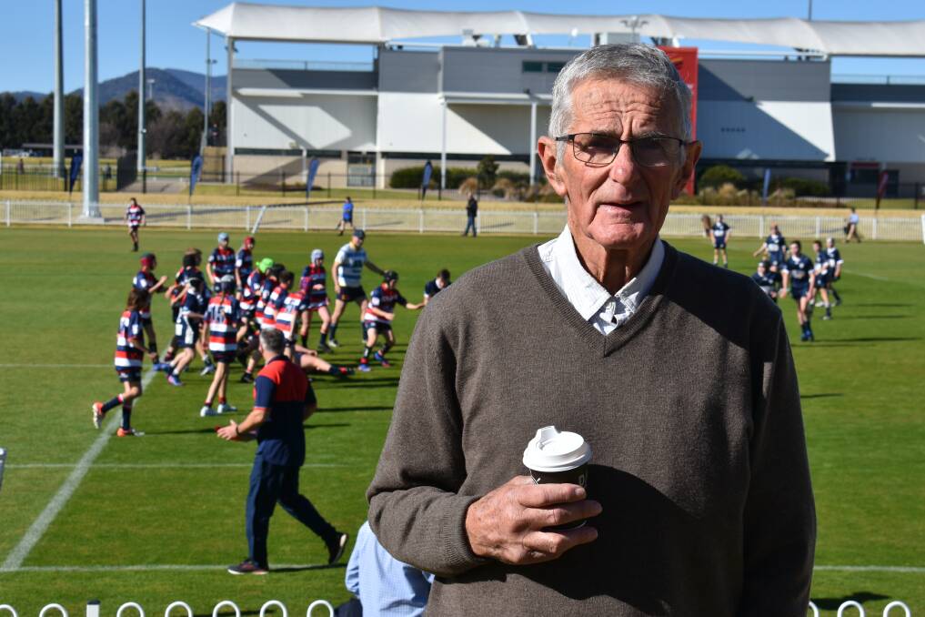Barry Slater with his back to a junior rugby union game played at the Mudgee Wombats' new facility on June 25. Picture: Jay-Anna Mobbs