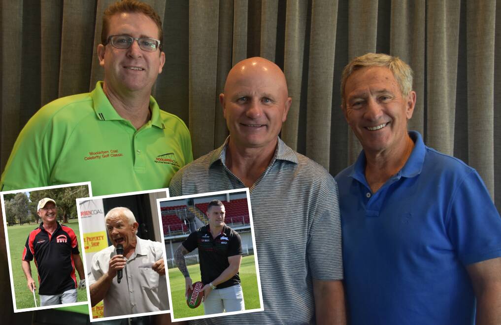 MEN BEHIND THE SCENES: Peter Mayson, Peter Sterling and Ken Sutcliffe are back at work getting the Moolarben Coal Celebrity Golf Classic ready. Insert: Malcolm Johnson, Steve Edge and Luke Burgess.