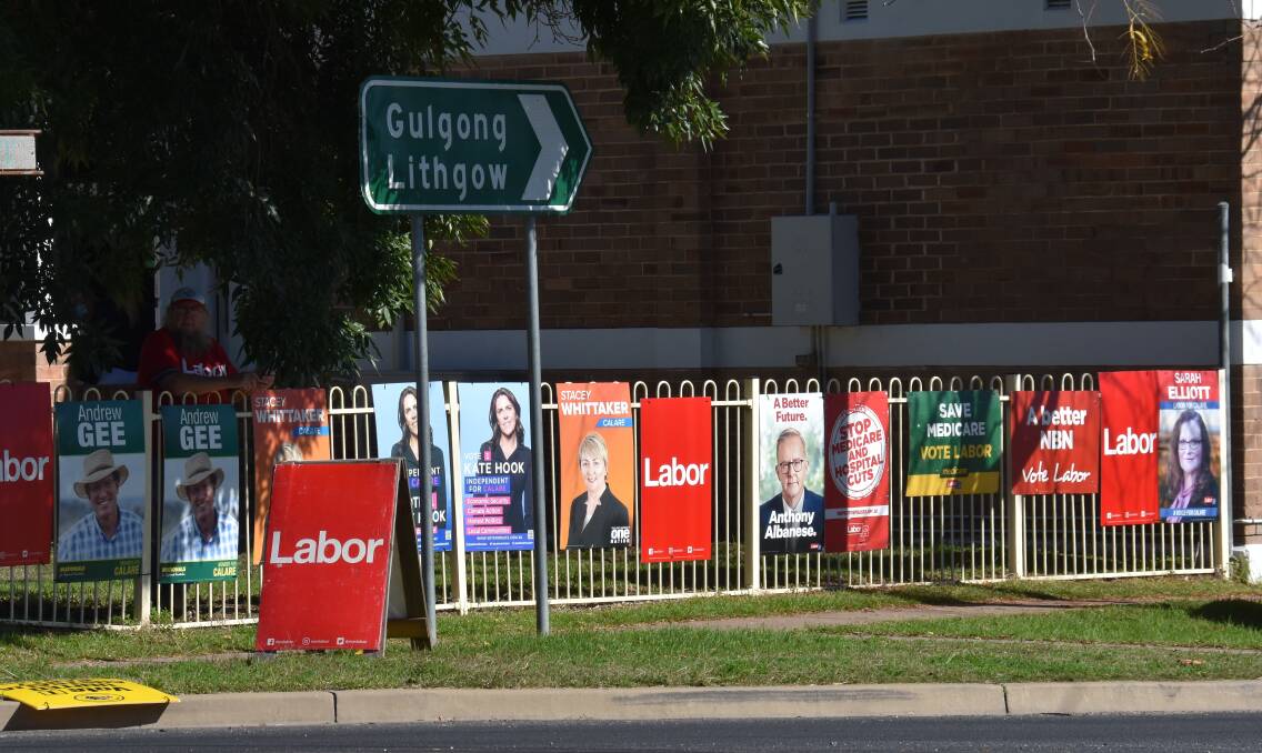 Election campaign posters on the fence of St John's Anglican Church in Mudgee for pre-polling on Monday, May 16. Picture: Jay-Anna Mobbs