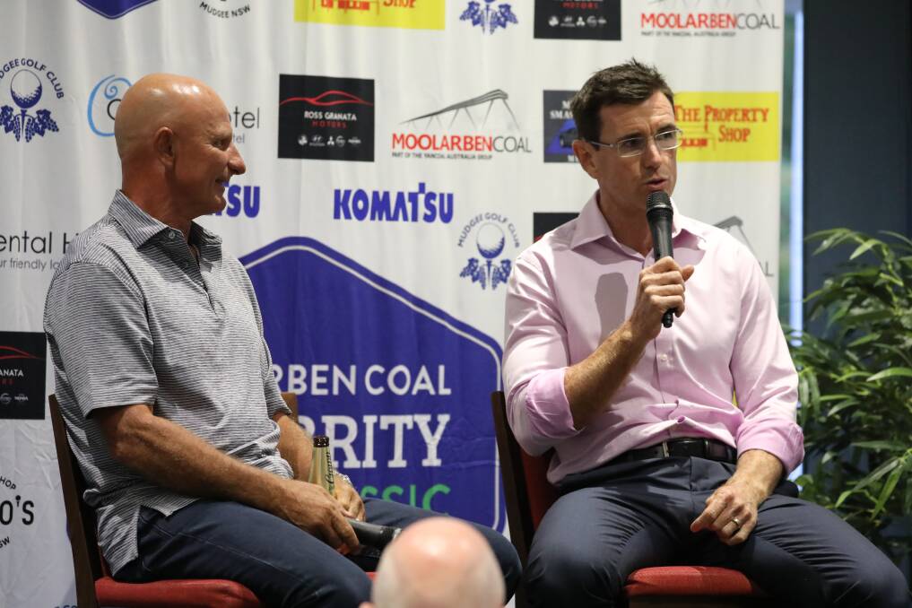 STORY TIME: Ben Ikin (right) telling Peter Sterling (left) and the audience about his rugby league career. Photo: Simone Kurtz