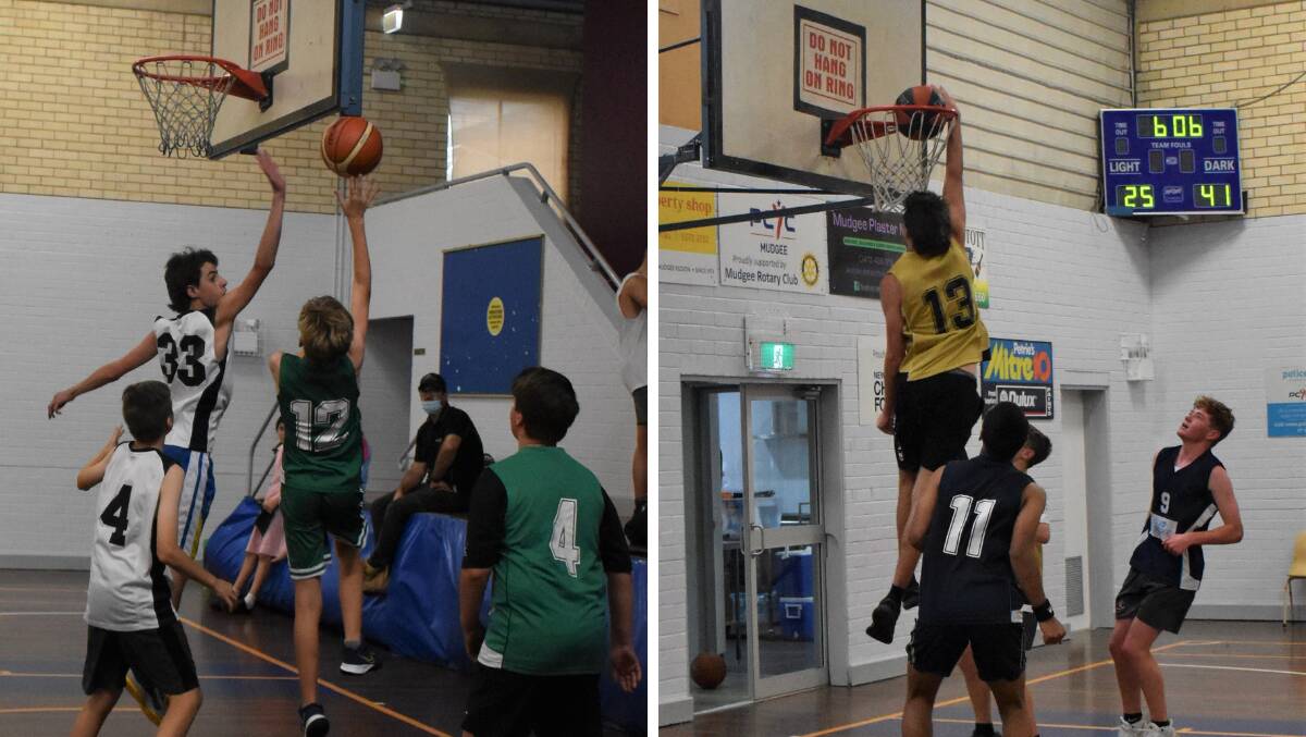 GRAND FINALS: (left) Lachie Doran (Celtics) shooting while Benn Hanson attempts to reject. (right) Tommy Durrant from Warriors Gold dunking. Pictures: SUPPLIED