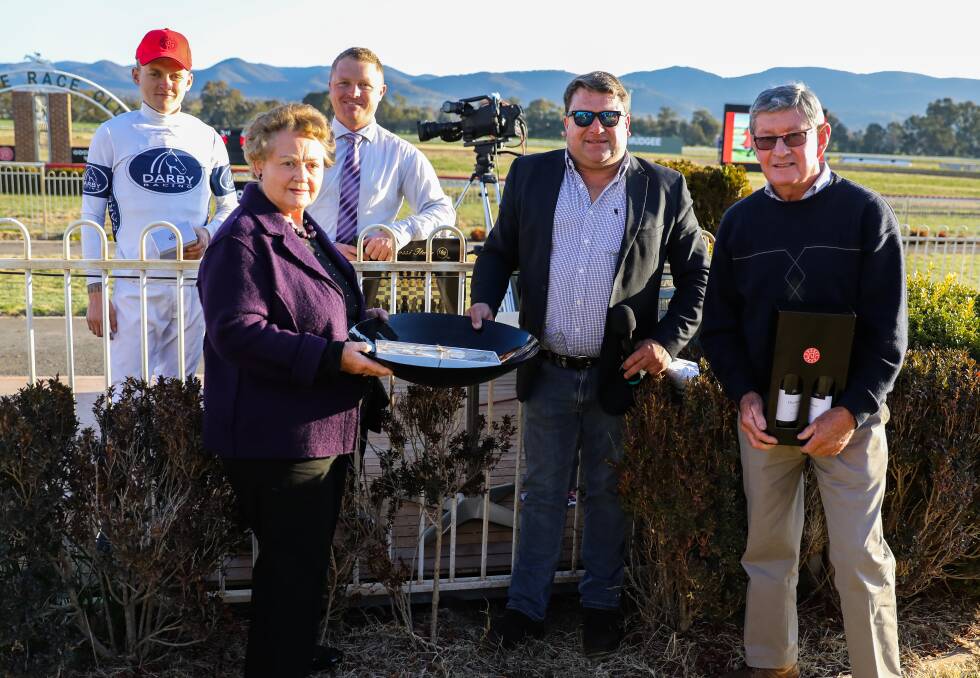 SUCCESS: (back row, from left) Jockey Brodie Loy and trainer Cameron Crockett, with (front) owner Jenny Ward, Gooree Park's Andrew Baddock, and owner Don Ward. Photo: Simone Kurtz