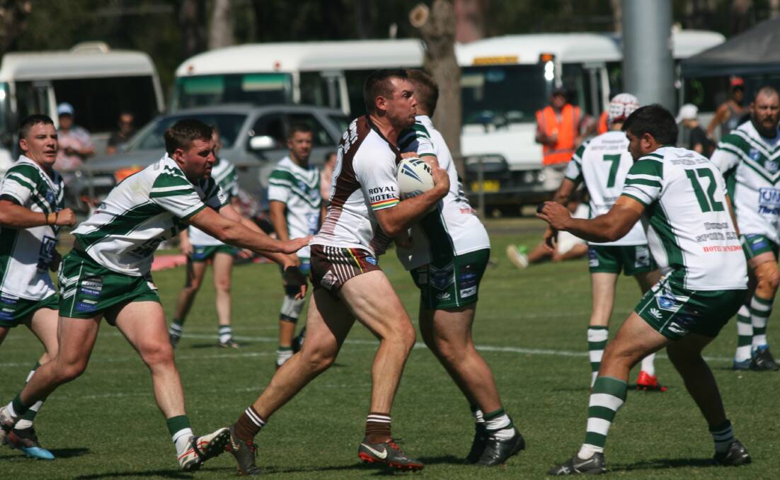 Gilgandra Panthers lock Kieren Hazelton encountering some strong Dunedoo defence in the first grade grand final in 2020. Picture: Supplied
