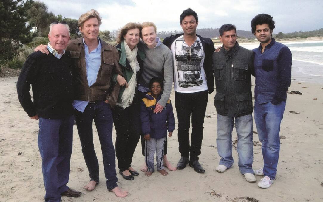 FAMILY TIES: The Brierleys with some of the cast of Lion. From left John Brierley, David Wenham, Sue Brierley, Nicole Kidman, Saroo and Mantosh Brierley and Divian Ladwa on location for Lion in Tasmania.