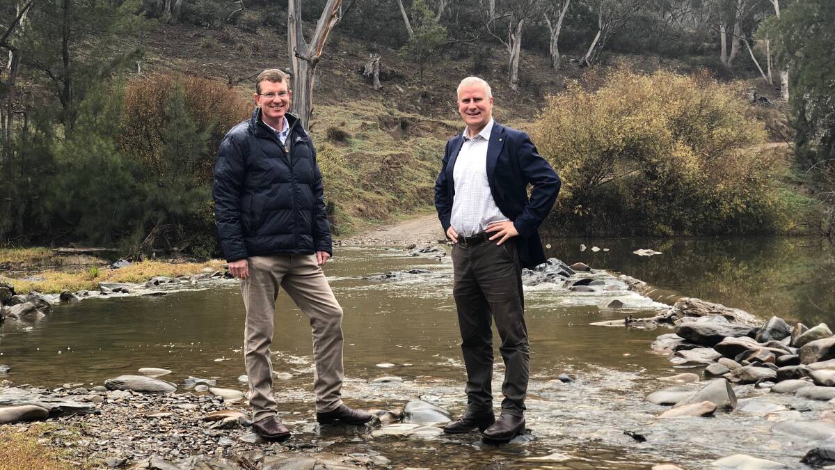 SITE: Member for Calare Andrew Gee and Deputy Prime Minister Michael McCormack at the Macquarie River crossing point on Tuesday. Photo: Supplied