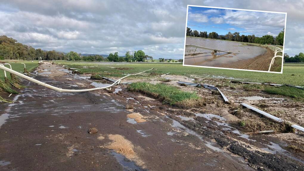 The water and rail damage after flooding at the Mudgee Race Club. Picture by David J Smith Racing.