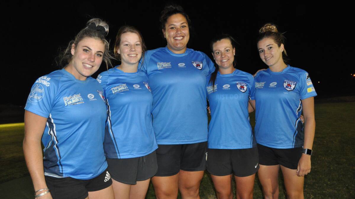 WOMEN IN LEAGUE: Sally Dwyer, Grace Mooney, Haylee Lepaio, Bec Ford and Ella-J Harris gear-up for the Southern versus Northern trial at Mudgee on Saturday. Photo: NICK McGRATH