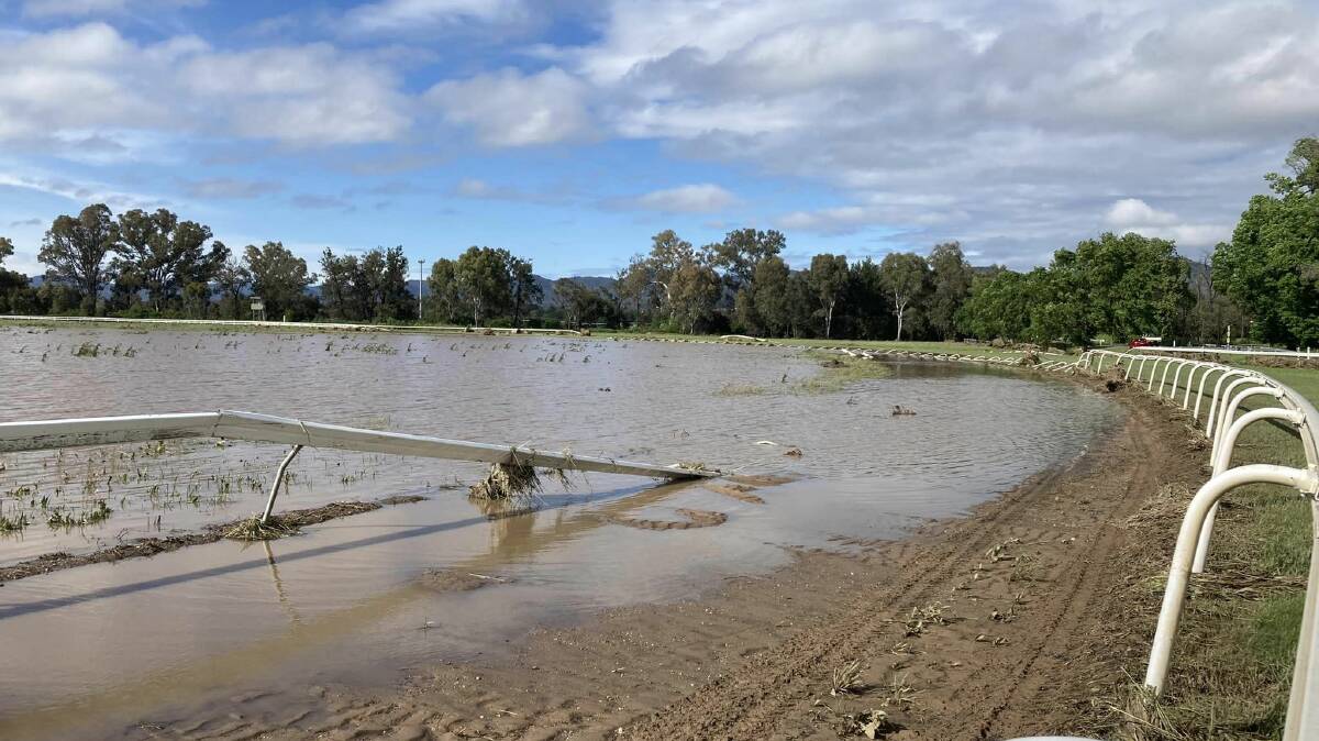 The water and rail damage after flooding at the Mudgee Race Club. Picture by David J Smith Racing.