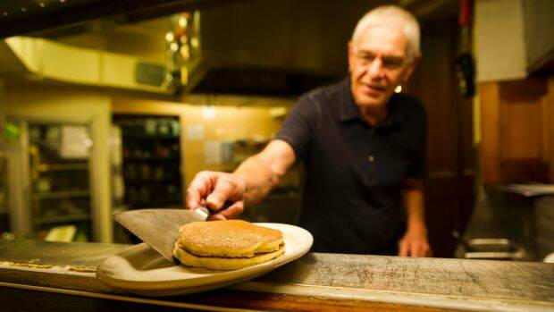 Philip Barton of Capital Pancakes, formerly the Pancake Parlour, demonstrating how to make a pancake.  Photo: Dion Georgopoulos
