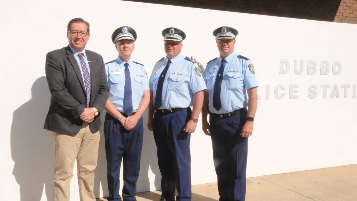 Troy Grant with NSW Police Commissioner Mick Fuller, Deputy Commissioner Gary Worboys and Western Region commander Geoff McKechnie. Photo: ORLANDER RUMING