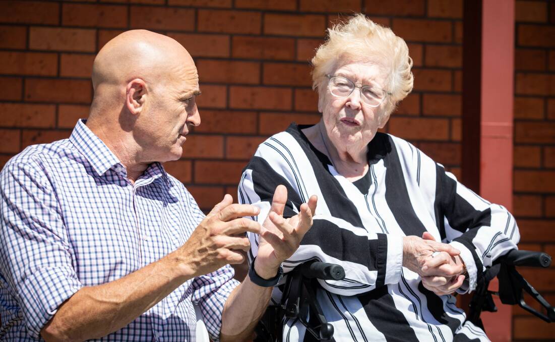 Challenging Move: Former senator Kay Denman chats to longtime friend Labor candidate Chris Lynch about how tough it has been realising it was time to move into aged care. Picture: Eve Woodhouse. 
