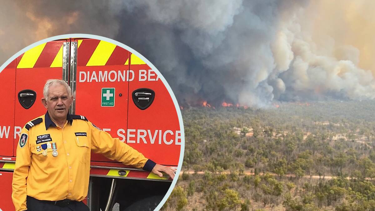 Captain Leo Fransen (inset) from the Diamond Beach Rural Fire Brigade who died after being struck by a tree while fighting the Hudson fire (main). Pictures by NSW RFS