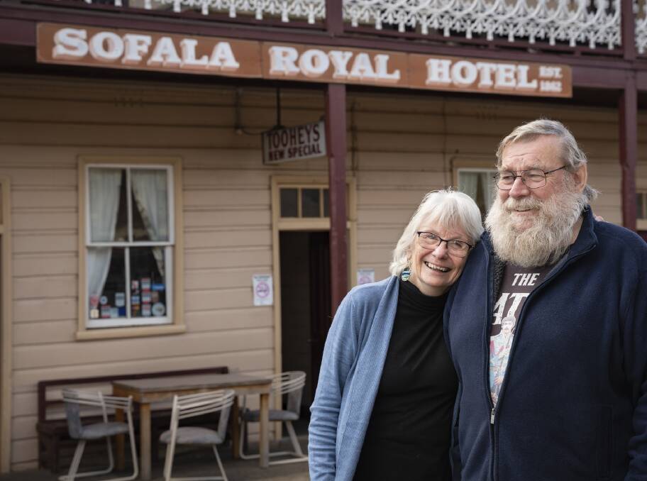 ALL SMILES: Sandy and Marty Tomkinson outside the historic Royal Hotel in Sofala, awarded a $50,000 revitalisation grant by Airbnb. Photo: DAVID ROMA