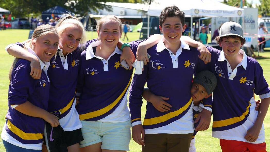 RAISING MONEY: Kyesha Kelly, Eliza Weldon, Amabella Harvey, Tom Hare, Charlie Davis and Will Stanmore at last year's Bathurst Relay for Life. Photo: PHIL BLATCH