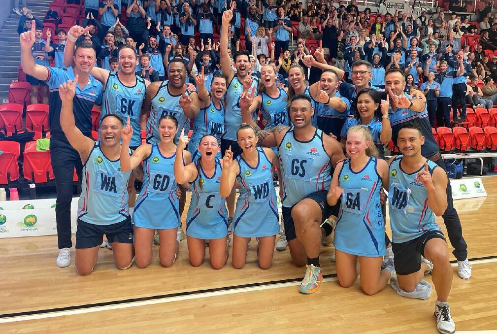The NSW Mixed Opens side celebrate their national championships grand final win over Queensland. Picture by Men's Netball NSW.