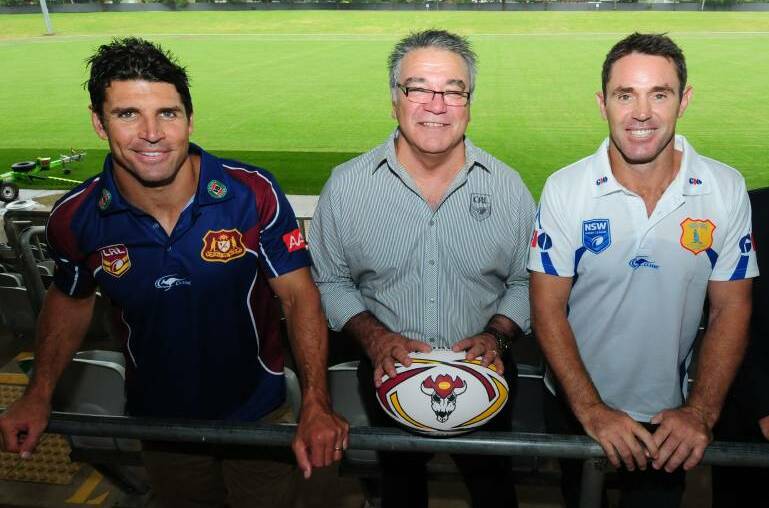Terry Quinn with Trent Barrett (left) and Brad Fittler ahead of the 2014 City-Country Origin match at Dubbo. File picture
