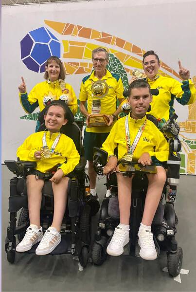 Amanda and Jamieson Leeson (left) with Ken Halliday and Ash McClure and Dan Michel after winning pairs gold at the World Championships. Picture supplied