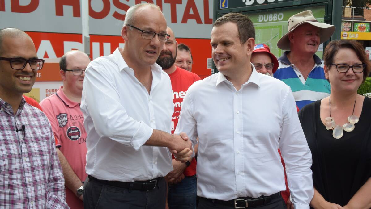 Confident: Luke Foley congratulates Stephen Lawrence on becoming the Country Labor candidate for the Dubbo electorate.