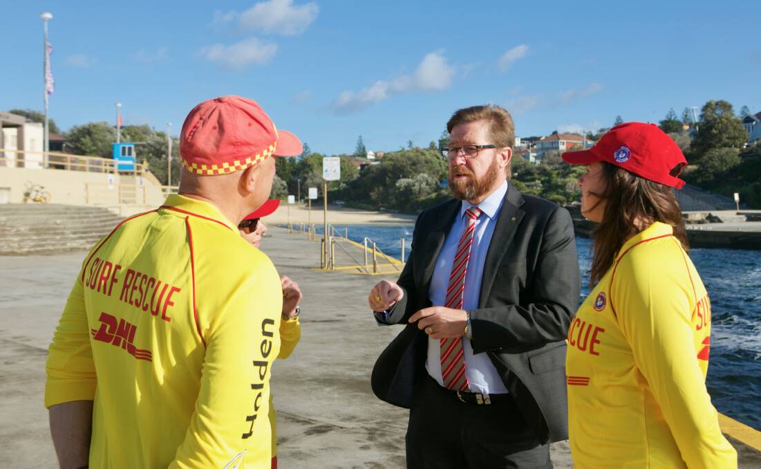 Troy Grant and Surf Life Saving NSW volunteers at the summer safety wrap on Wednesday. Photo: CONTRIBUTED