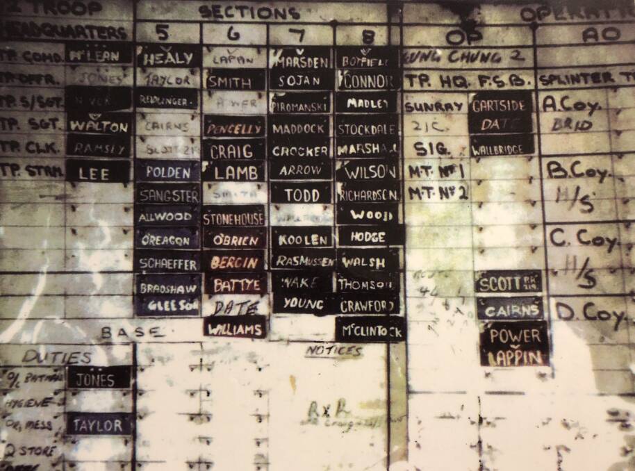Troop ops board that lists Sapper Rodney O'Regan in section 5 as O'Reagon. The photo is believed to have been taken mid-1970s.
