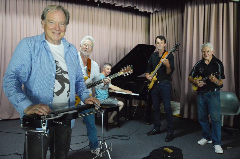 READY TO ROCK: Robie Porter, Doug Richards, Mick Green, Alec Riley and Bob Steel (Festival founder) at a rehearsal.