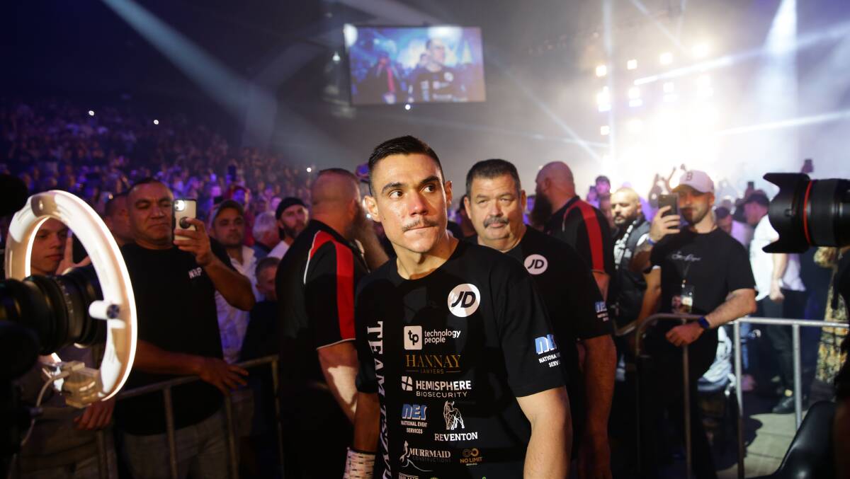 GAME FACE: Tim Tszyu walking out for his fight against Dennis Hogan at Newcastle Entertainment Centre in March. Picture: Jonathan Carroll 