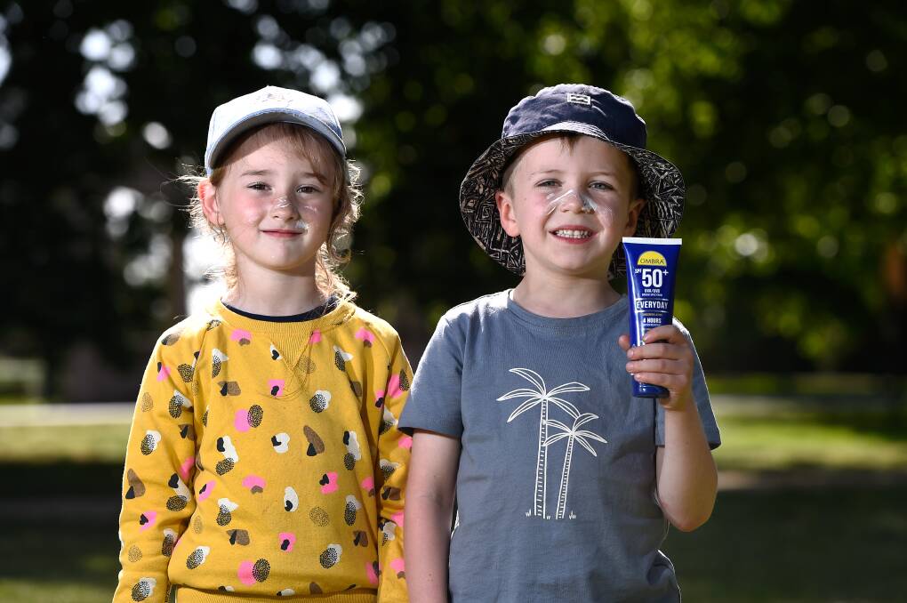 SUNSMART: Cousins Pippa and Ailbe, 5, had their hats and sunscreen ready for a trip to the park on Monday as new research showed more people are getting sunburned or want a tan. Picture: Adam Trafford