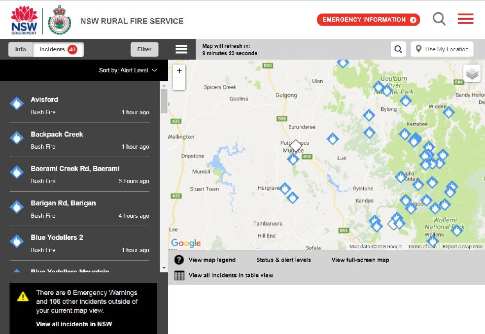 Fires Near Me - also available as a Smartphone App - as it appears on the NSW RFS website.
