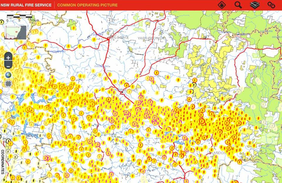 The lightning data map as at 6.30 Tuesday morning following the early storm that hit Mudgee, source - NSW RFS.