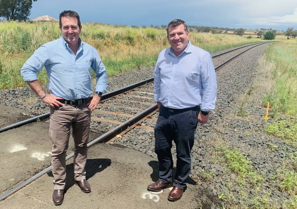 Minister for Regional Transport and Roads Paul Toole and Member for the Dubbo electorate Dugald Saunders at the Maryvale rail line, photo supplied.