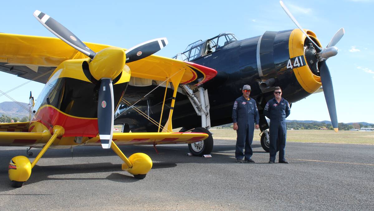 FLYING VISIT: Pilots Paul Bennet and Ben Lappin had a brief stopover at Mudgee today ahead of Wings Wheels and Wine this weekend.
