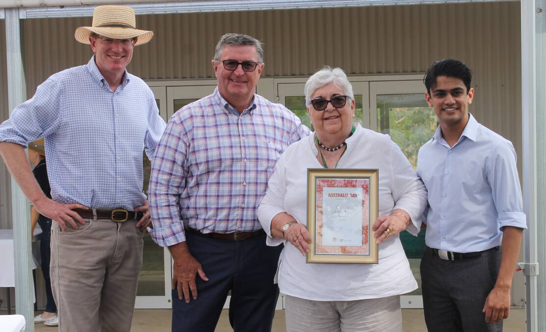 The Mid-Western Region Citizen of the Year for 2020, Jan Pirie, pictured at the ceremony with Federal MP Andrew Gee, Mayor Des Kennedy, and Australia Day Ambassador Khushaal Vyas.