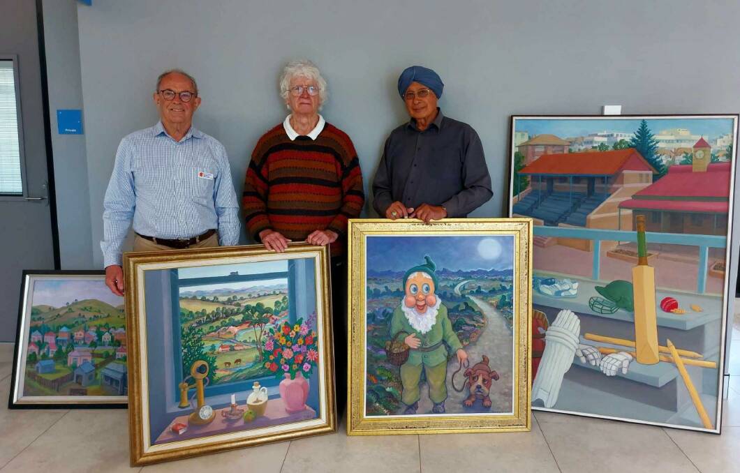 John Bentley, David Hill and Gora Singh Mann, with a selection of paintings from the Mudgee Hospital bequest.