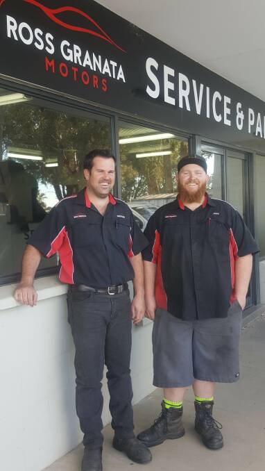 Jake D’Elboux (right), pictured with Nathan White from Ross Granata Motors, has landed a motor mechanic apprenticeship.