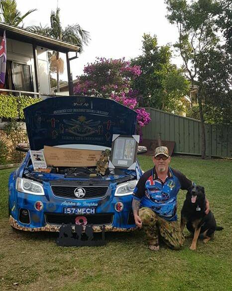 Glenn Marskell, his assistance dog Dakota and the ANZAC Ribbon Tribute SS.