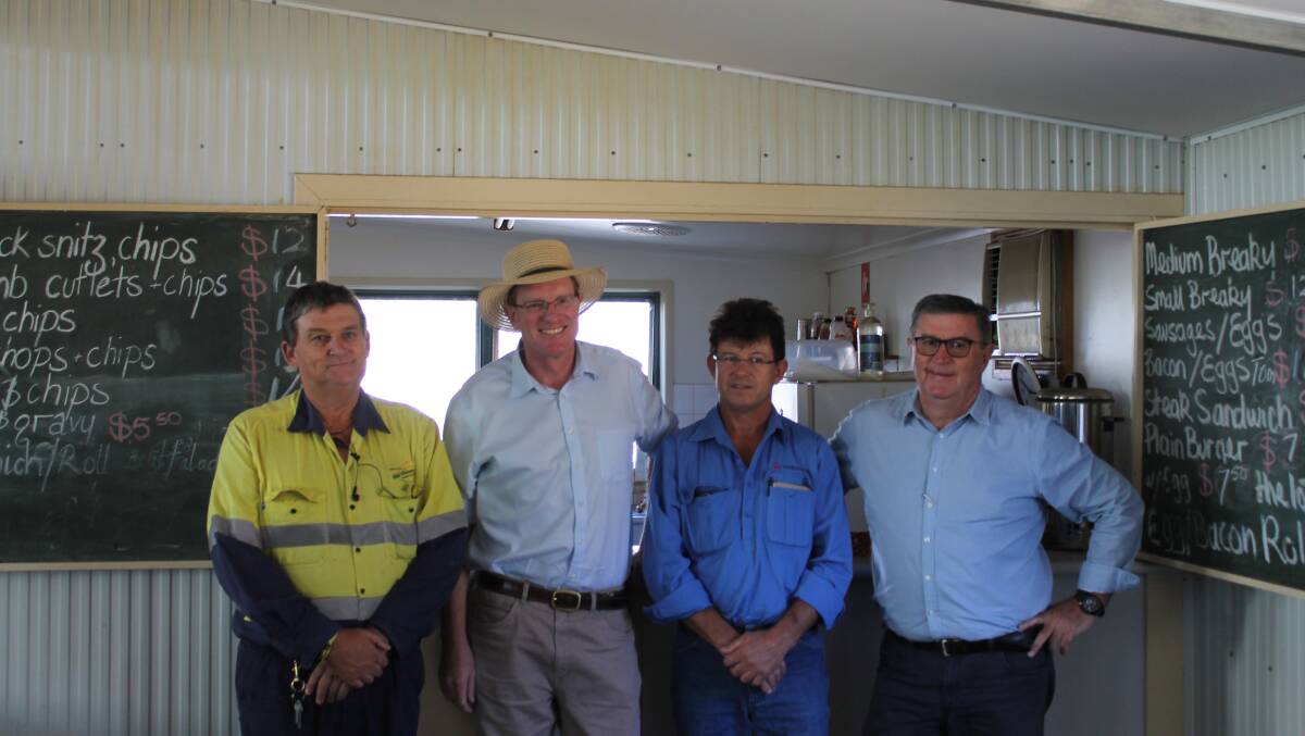 A $41,000 upgrade to the Saleyards canteen is among the projects to be funded by the Drought Communities Program. Pictured are Saleyards supervisor Joe Best, Federal Member for Calare Andrew Gee, local stock and station agent Chris Schmidt, and Mayor of the Mid-Western Region Cr Des Kennedy.