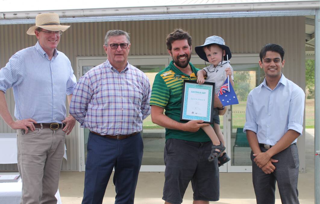 Ben Harris and son Paddy collect the Mid-Western Region's Sports Award from Andrew Gee MP, Mayor Des Kennedy, and Australia Day Ambassador Khushaal Vyas. 