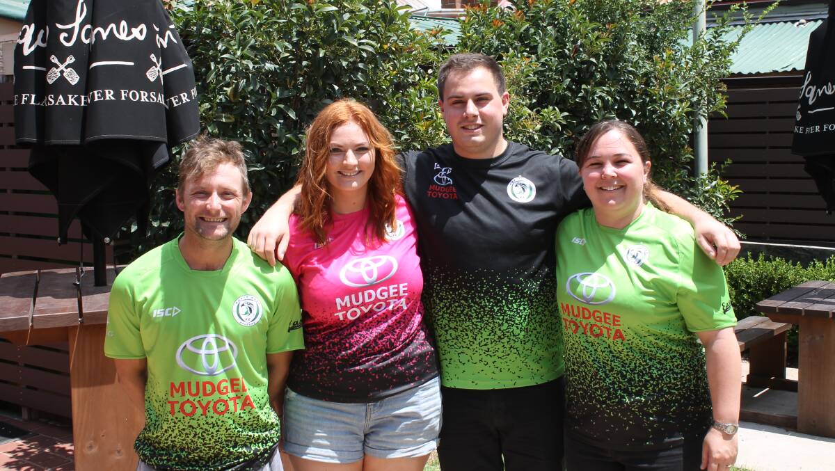 North West Falcons James Rogers, Makayla Lillyst, Joe Peters, and Kim Brown, in the club's new kits for 2019.