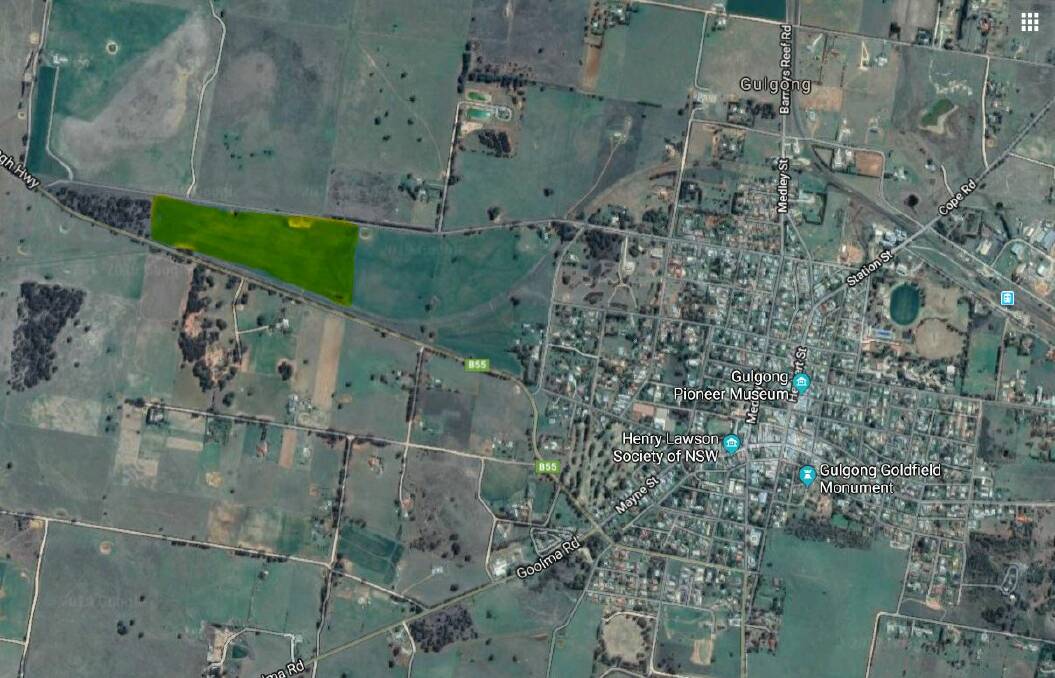 The Avisford Mini Sustainable Energy Park is proposed for 16ha [shaded] between the Castlereagh Highway and Old Mill Road, outside Gulgong. 