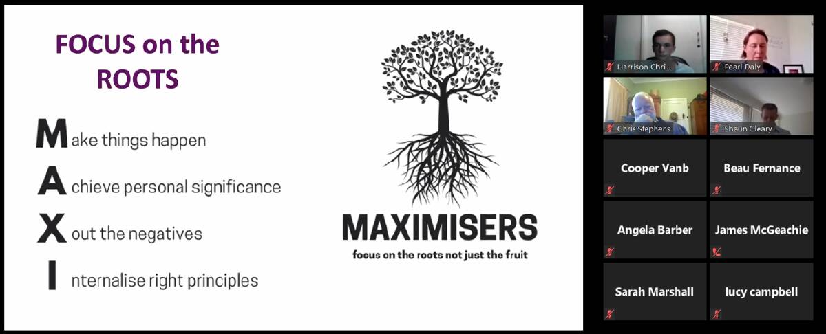 A screenshot from Tuesday's online Connect Group talking about the MAXIMISERS principles.