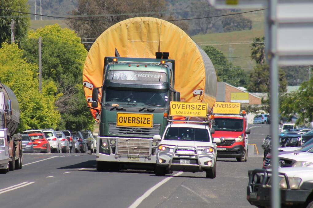 Part of a wind turbine transported along the Market Street, Mudgee section of the Castlereagh Highway on Tuesday, this has become a regular sight recently.