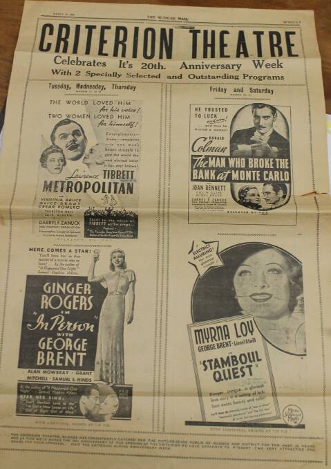 A 1936 promotion in the Mudgee Mail to advertise the theatre's 20th anniversary week screenings, it spruiked "two very attractive programs for your approval", photo courtesy of Mudgee Historical Society.