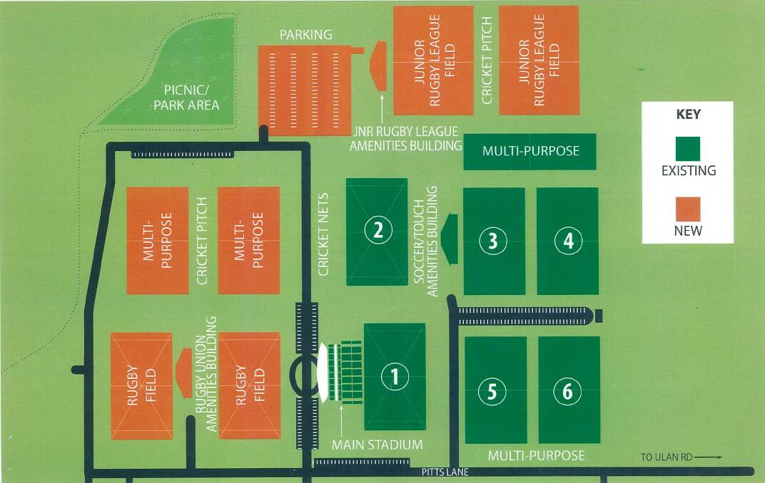 Stage two; junior rugby league fields, amenities building, parking, north-east of fields 2-3; rugby union fields, amenities building, multipurpose fields, north-west of stadium.