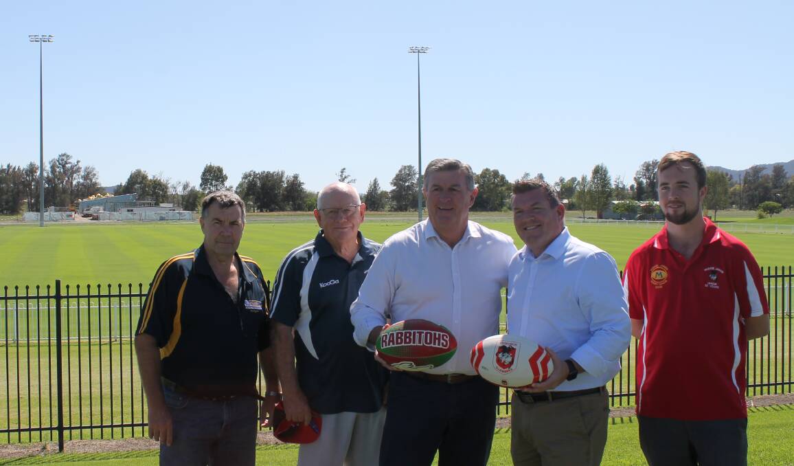 Peter Mitchell (Sports Council), Ross Smith (Mudgee Wombats), Mayor Des Kennedy, Dugald Saunders MP, James Hughes (Mudgee Junior League).