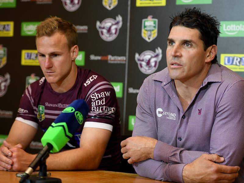 Manly captain Daly Cherry-Evans and coach Trent Barrett face the press after another NRL loss.