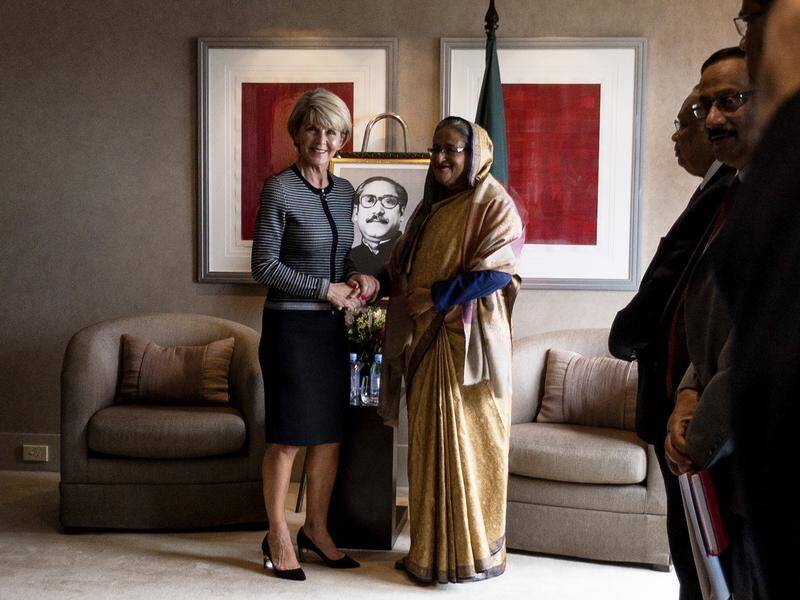 Julie Bishop, seen with Bangladesh PM, says Australia will continue military training to Myanmar.